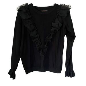 QED London Asos Black Knit Long Sleeve Ruffled Embroidered Sweater Size XS